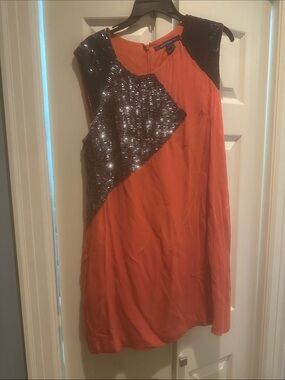 French Connection Orange Shift Dress with Black Sequin Panels
